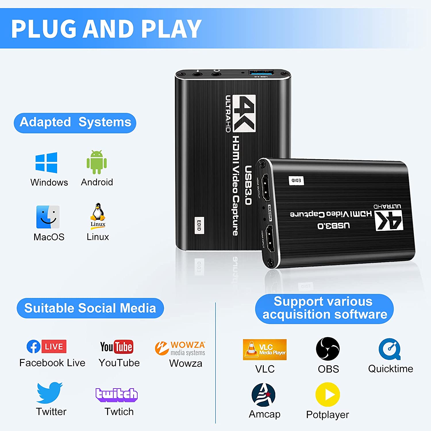 4K Video Capture Card USB 3.0 1080P 60fps HDMI Audio Video Capture Device  Portable Video Converte